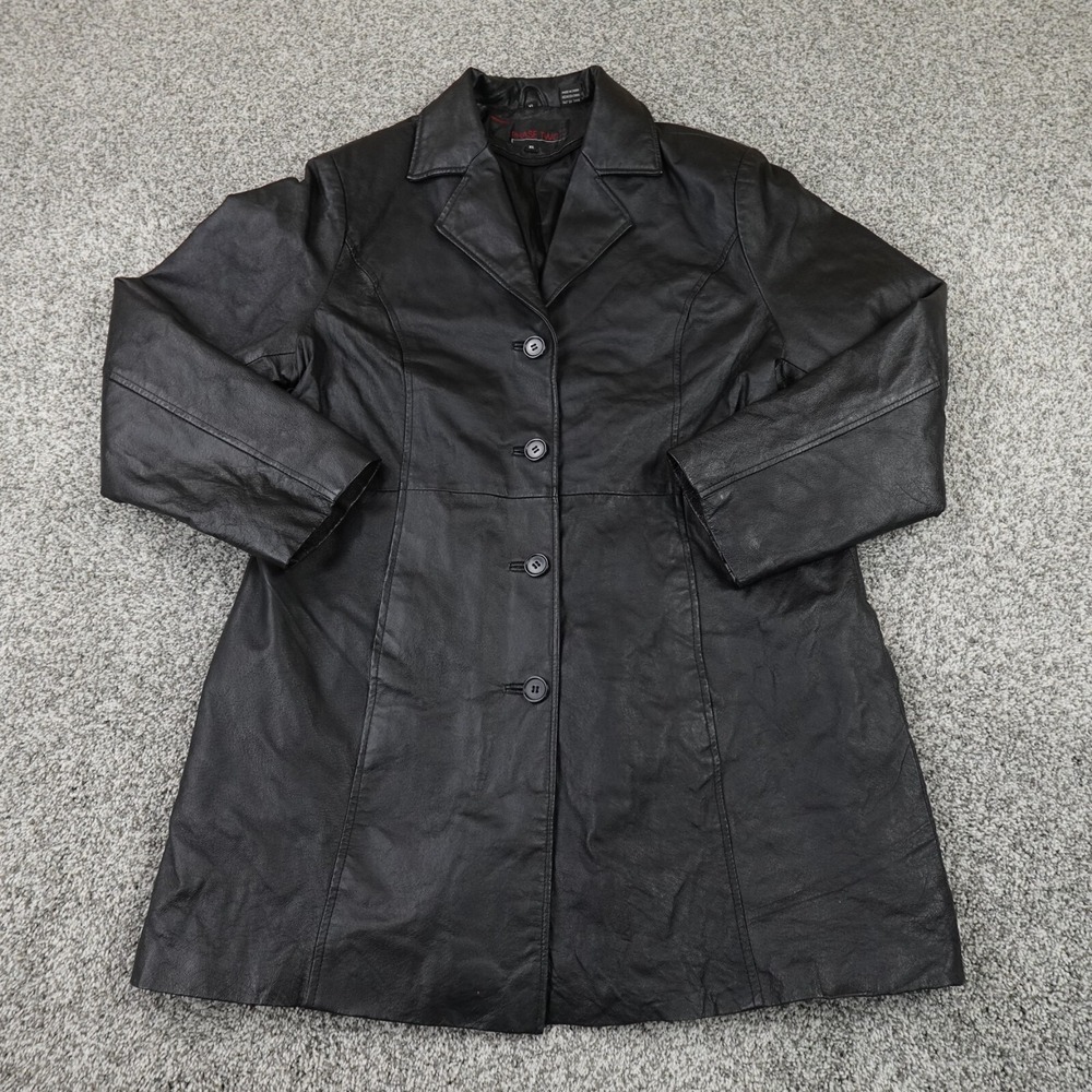 Phase Two Jacket Womens XL Black Leather Lined Button Fishtail Parka Trench Coat
